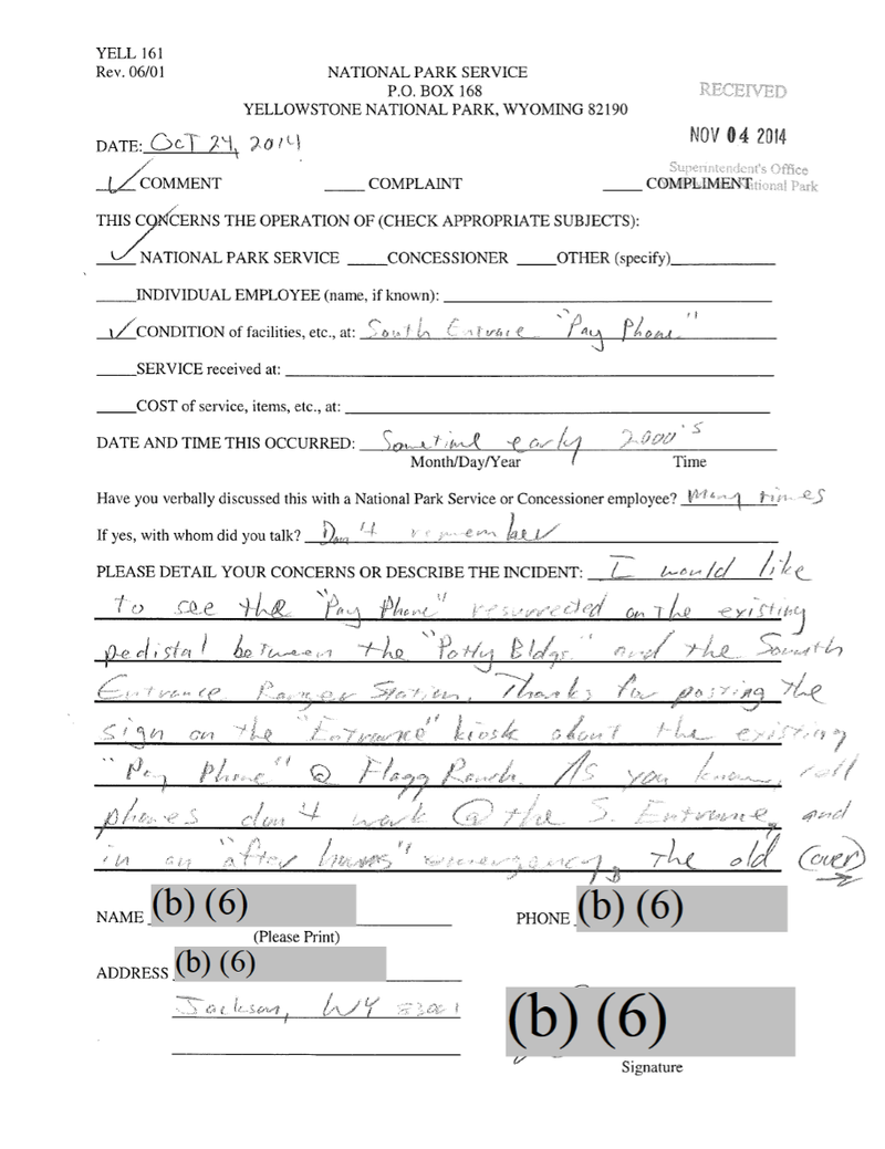 Complaint from a visitor to Yellowstone National Park